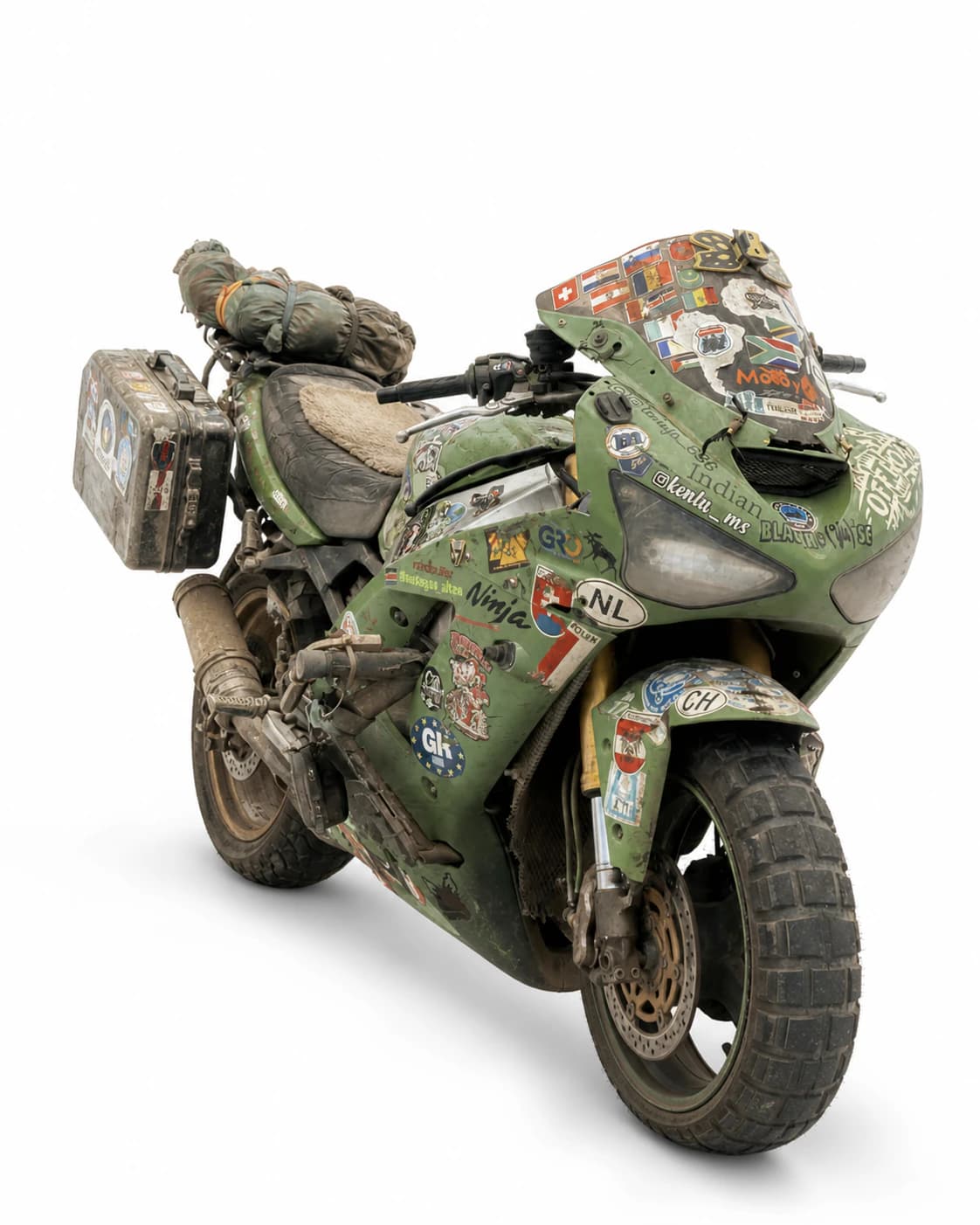 He crossed 94 countries on a 2004 Kawasaki that spent two days on the ocean floor