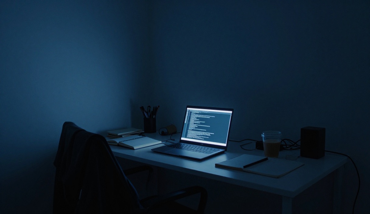 Scrivania di notte con un portatile acceso, giacca sulla sedia scostata, caffè e quaderno