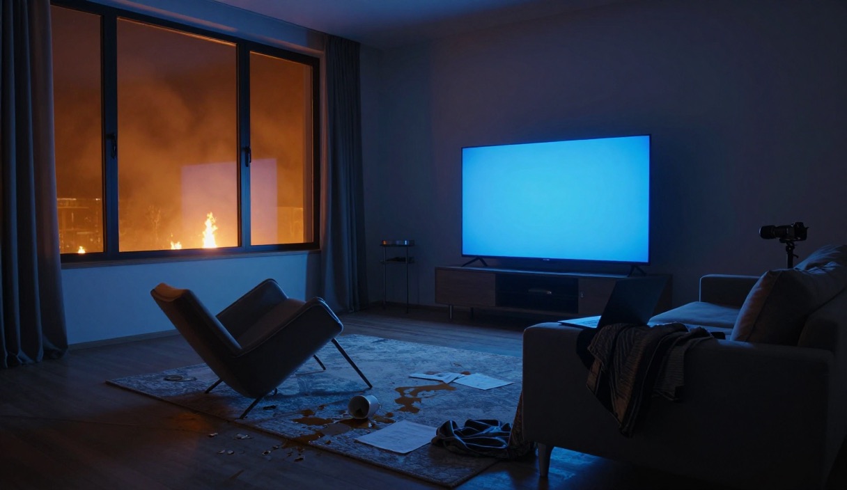Salotto lasciato in fretta di notte: poltrona rovesciata, caffè versato sul tappeto, il televisore acceso, un portatile aperto sul divano, il fuoco oltre la finestra