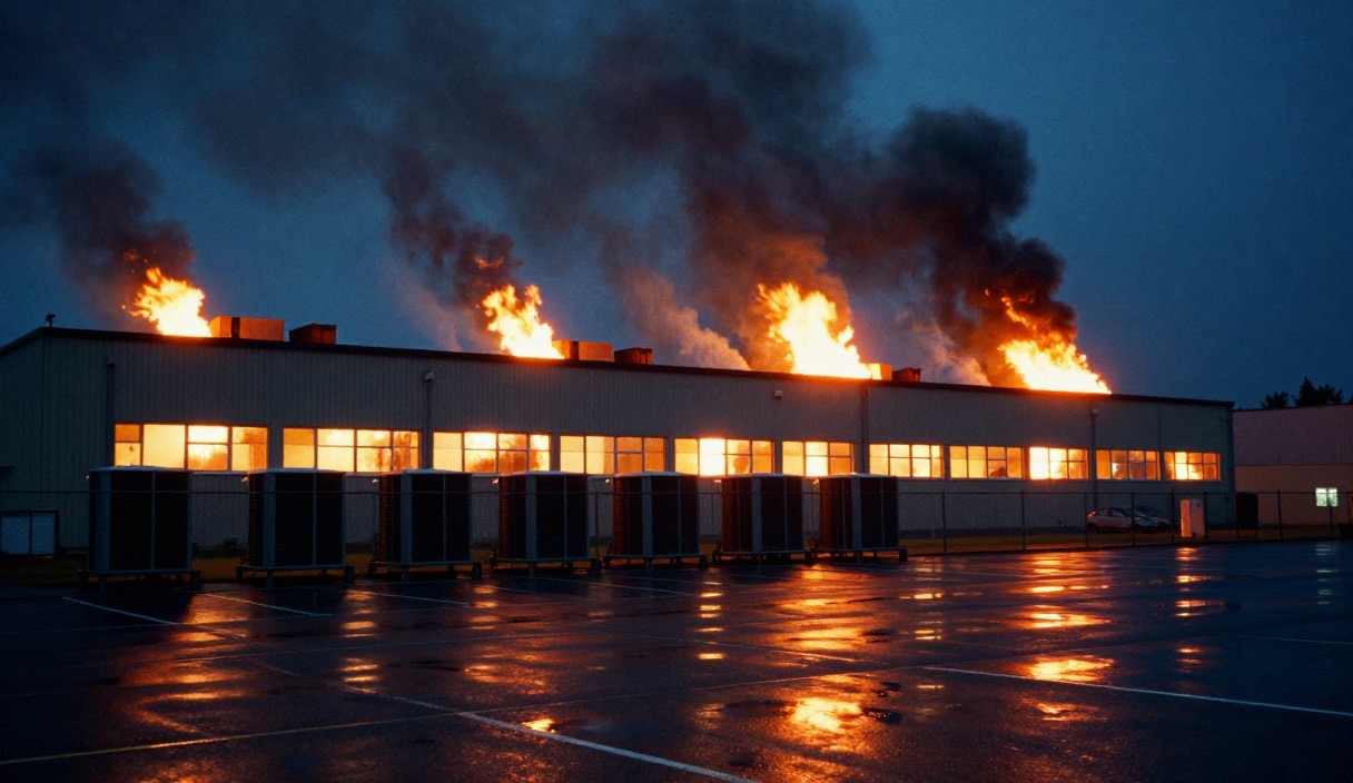 Capannone industriale in fiamme di notte, unità di raffreddamento in primo piano, asfalto bagnato