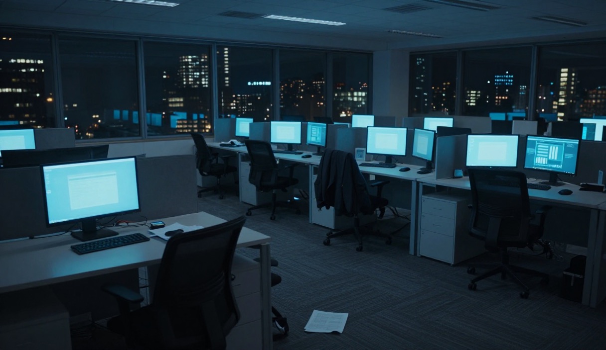 Ufficio open space di notte lasciato in fretta, monitor accesi, giacche sulle sedie, fogli a terra